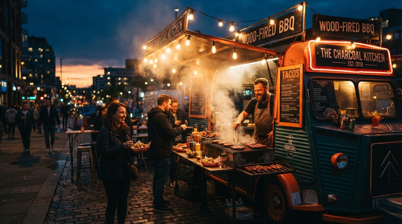 A food truck at dusk with warm string lights