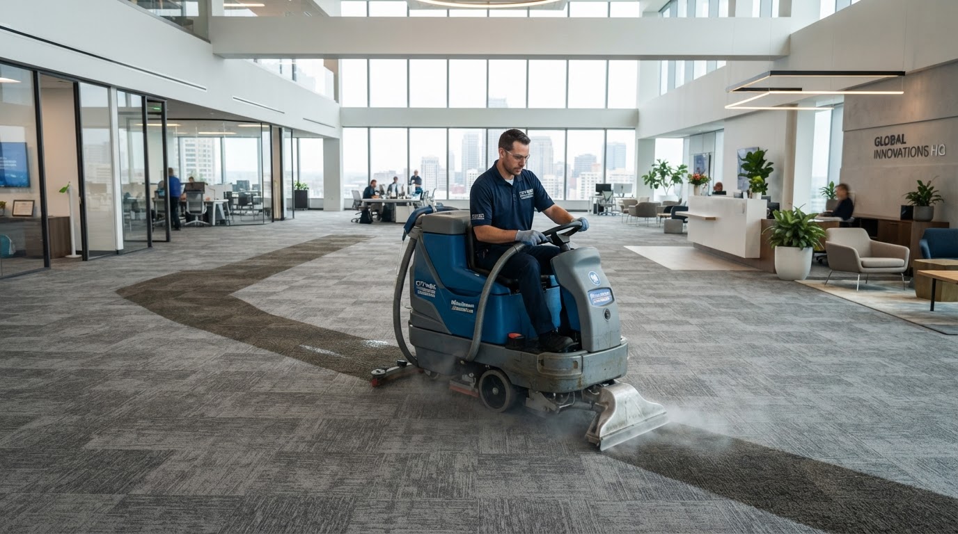 Commercial carpet cleaning — wide job shot