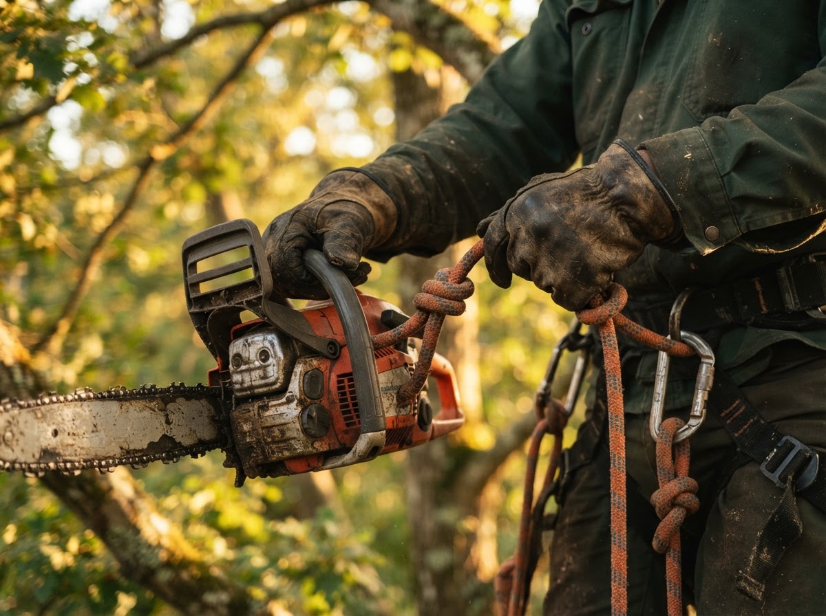Arborist hands holding a chainsaw and climbing rope