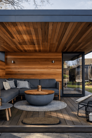 Garden room outdoor lounge area with glass doors
