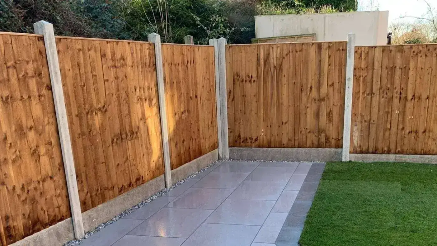 Closeboard garden fencing with porcelain patio in South Essex
