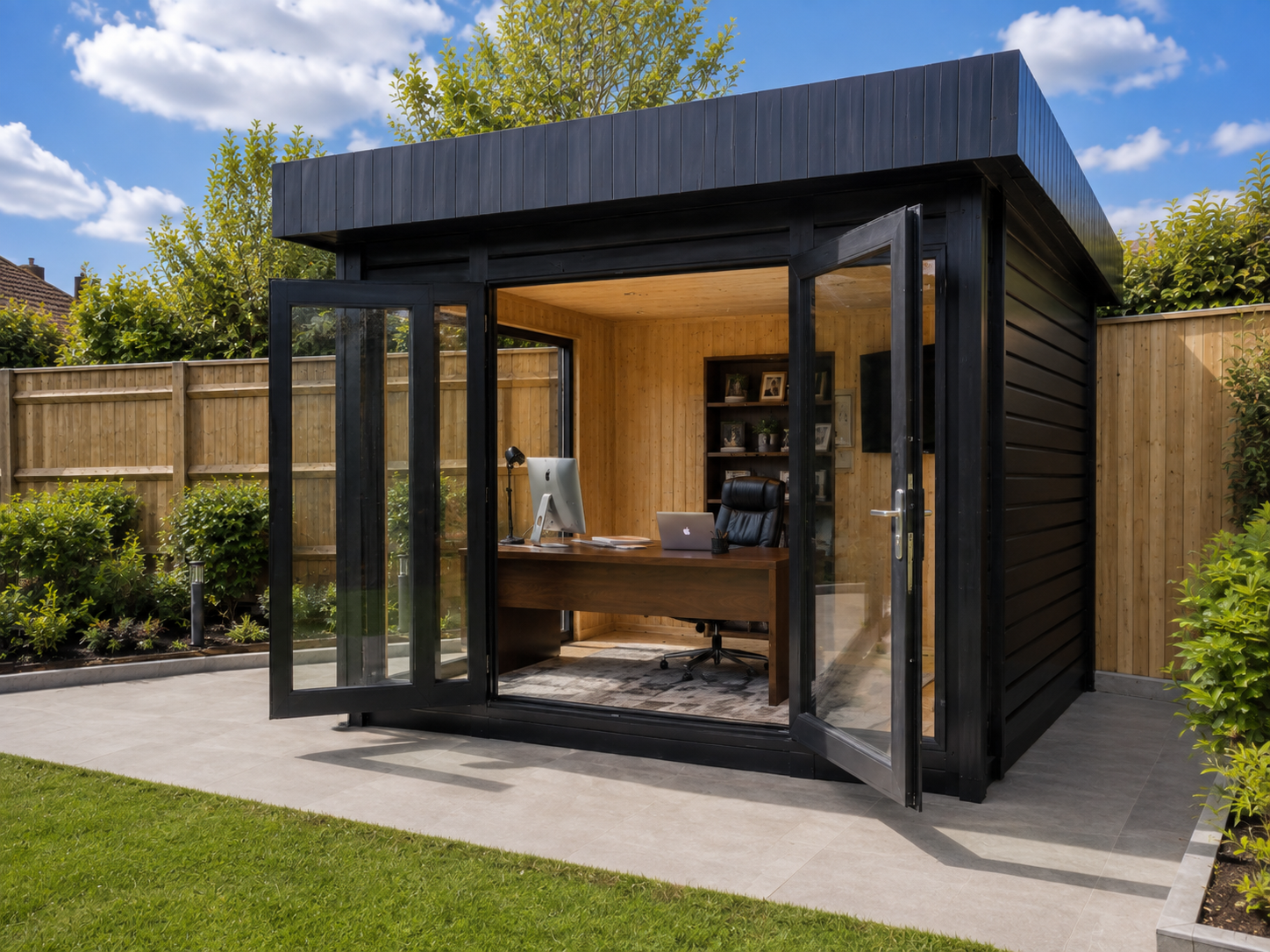 Black cladded insulated garden room home office with bi-fold doors open, interior workspace with desk and shelving visible, porcelain patio and manicured lawn in Wickford Essex