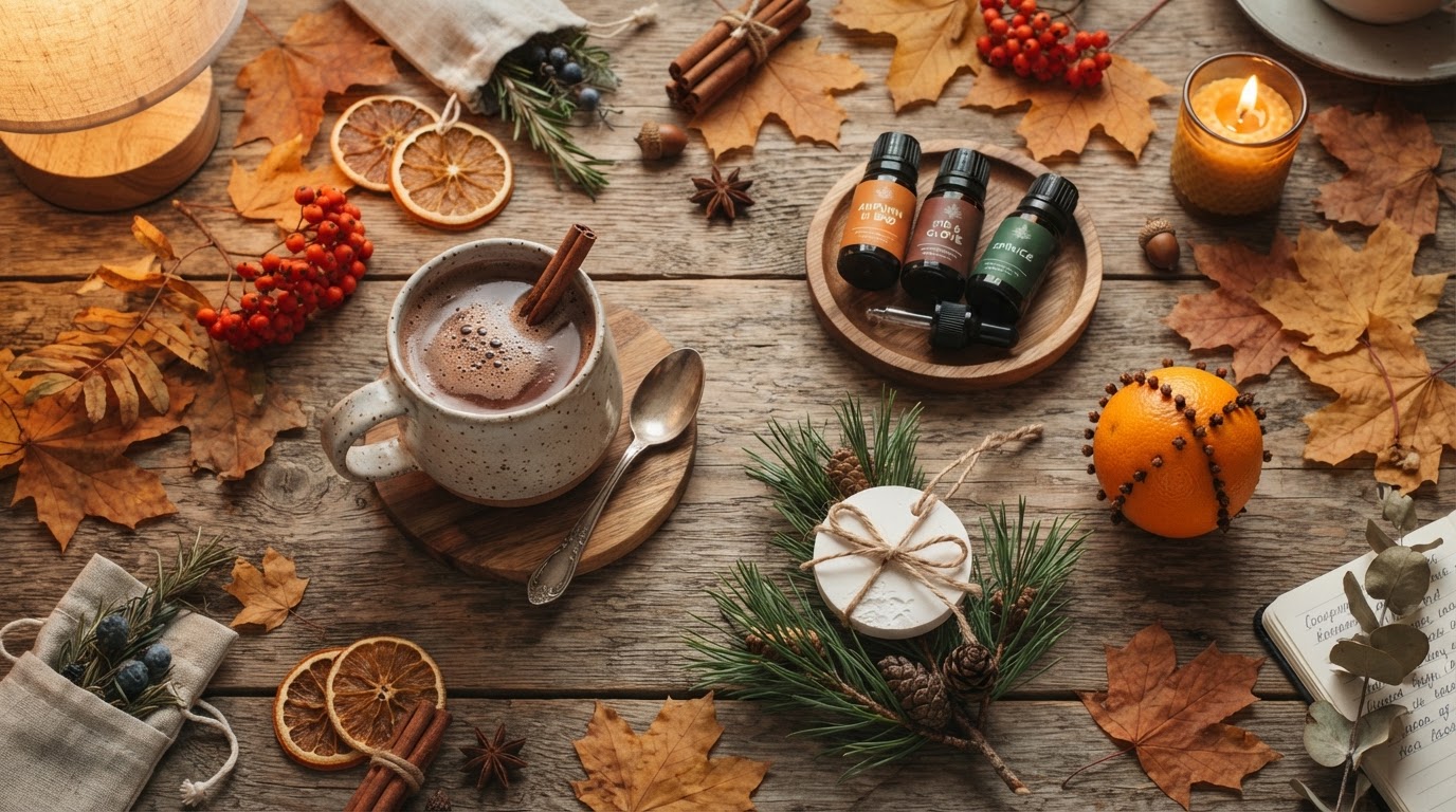 A cozy autumn flat lay: cacao, amber oil bottles, a clove-studded orange and pine sprigs on a wooden table