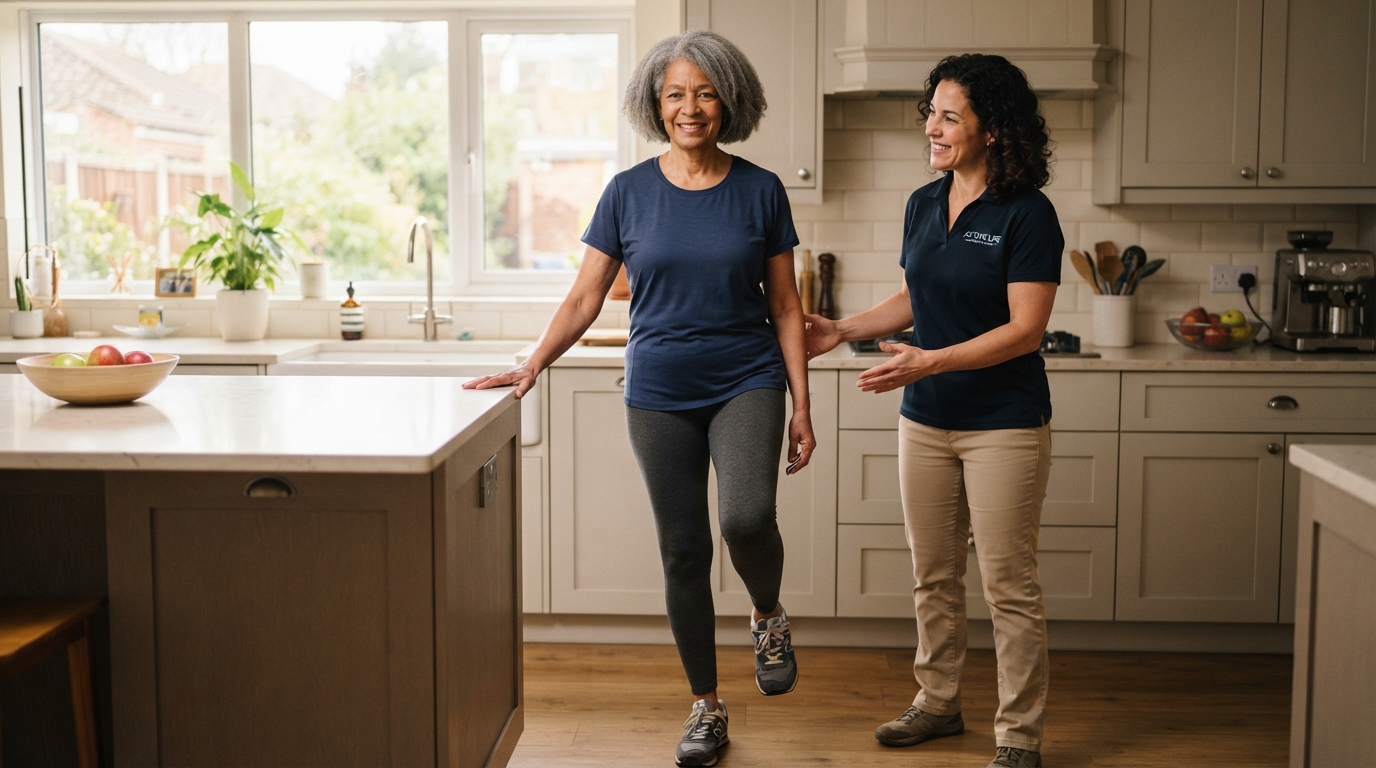 Coach CC guiding an active adult over 60 through a balance exercise
