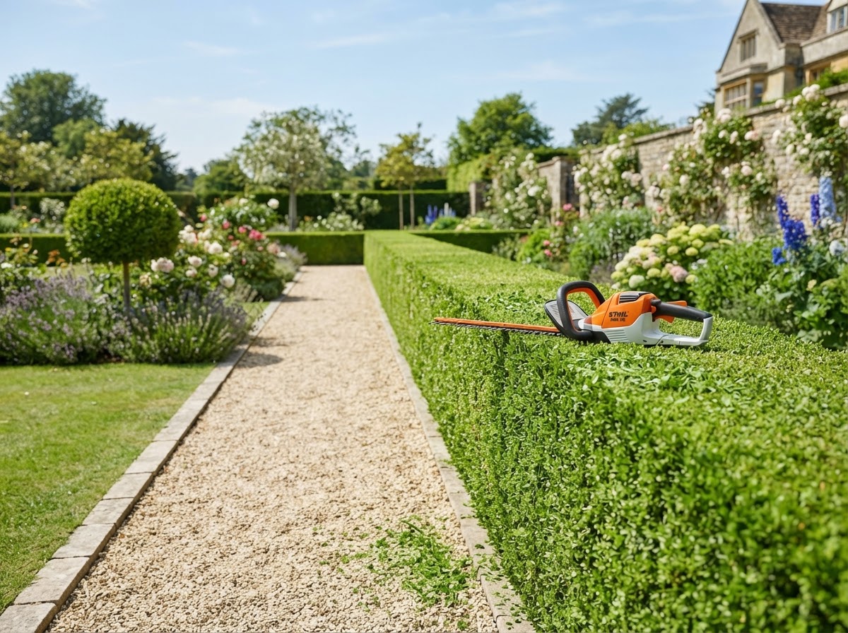 Neatly trimmed straight green hedge in a manicured garden