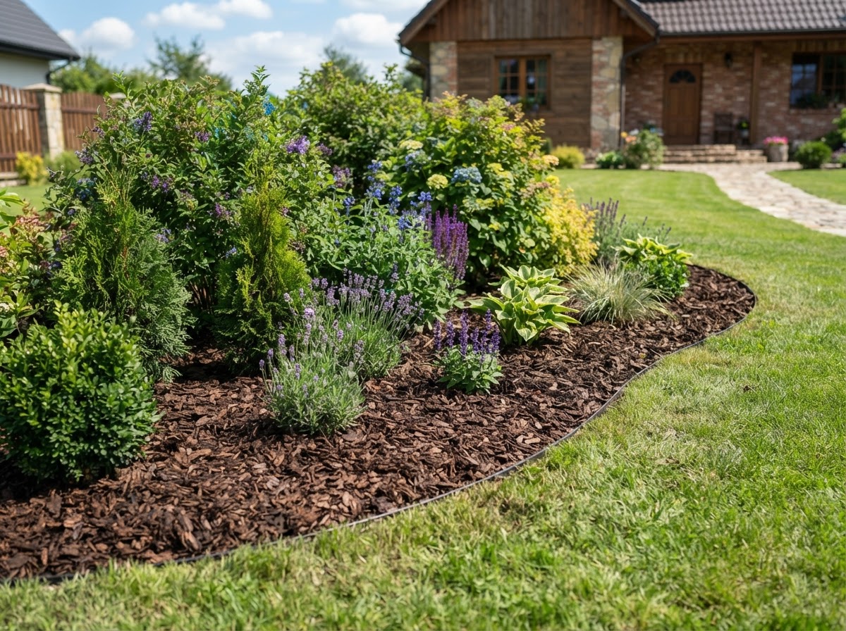 Fresh dark brown garden mulch spread around garden beds and shrubs