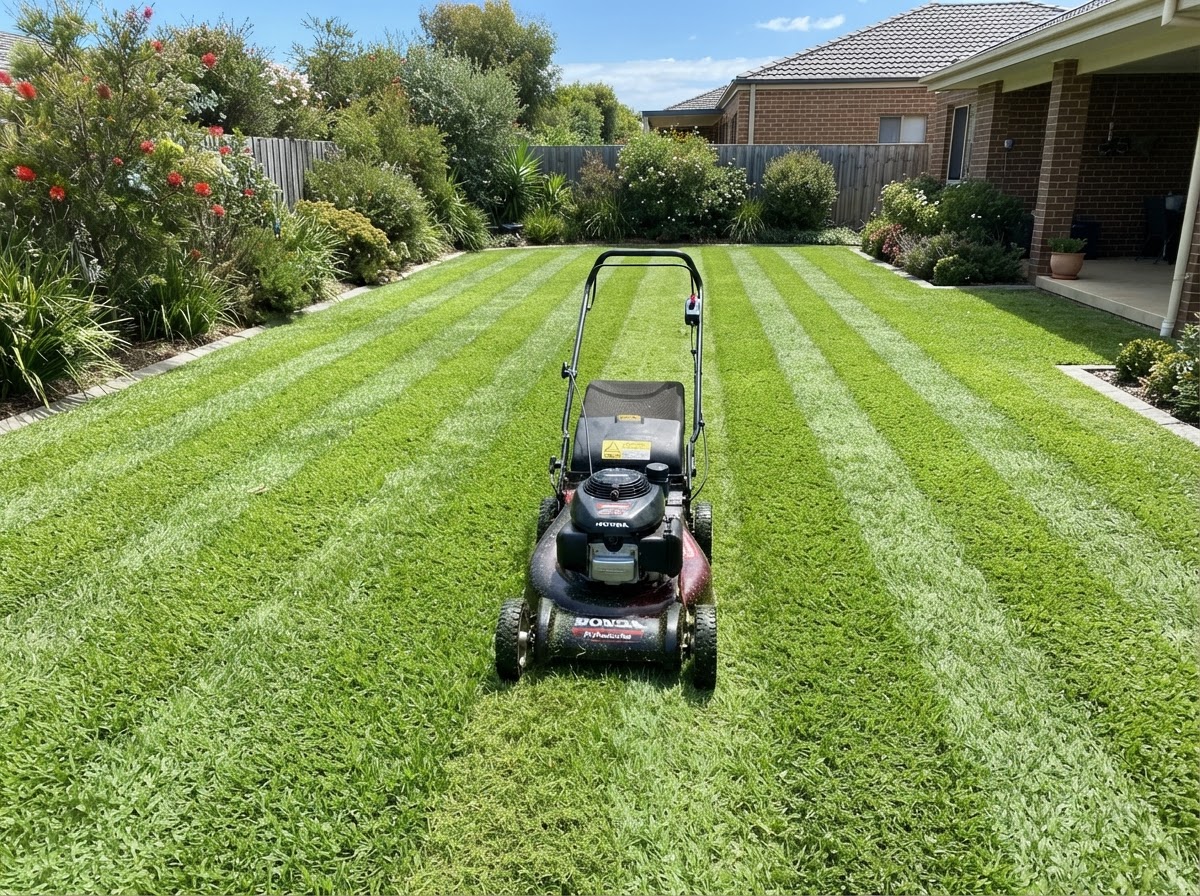 Lawn being mowed with neat stripes on a sunny day