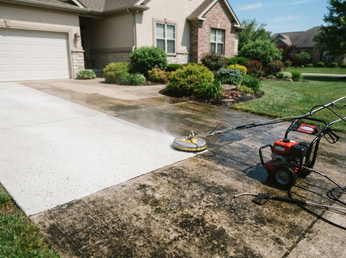 Pressure cleaning a concrete driveway showing clean and dirty surfaces