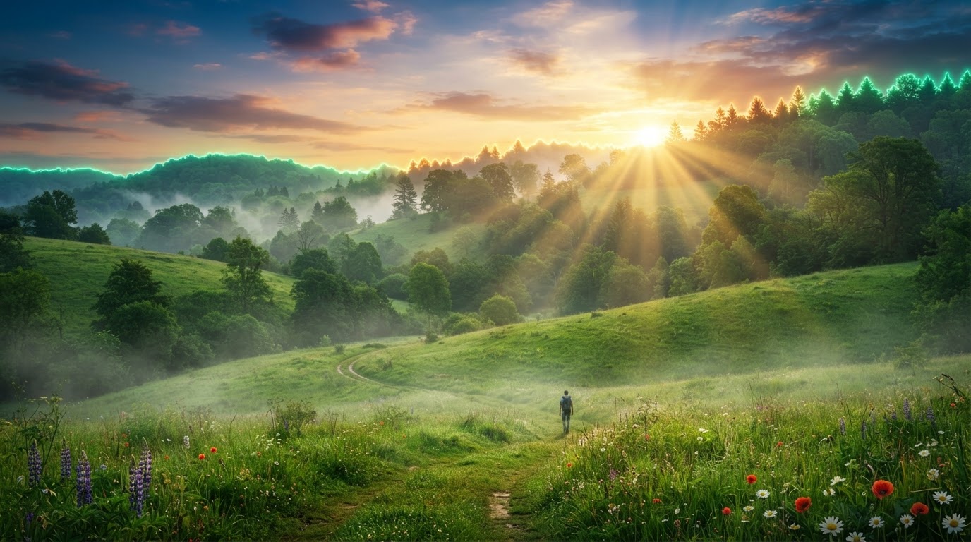 Imaginary golden sunrise over lush green meadow with neon emerald light accents — a serene nature scene expressing happiness and well-being