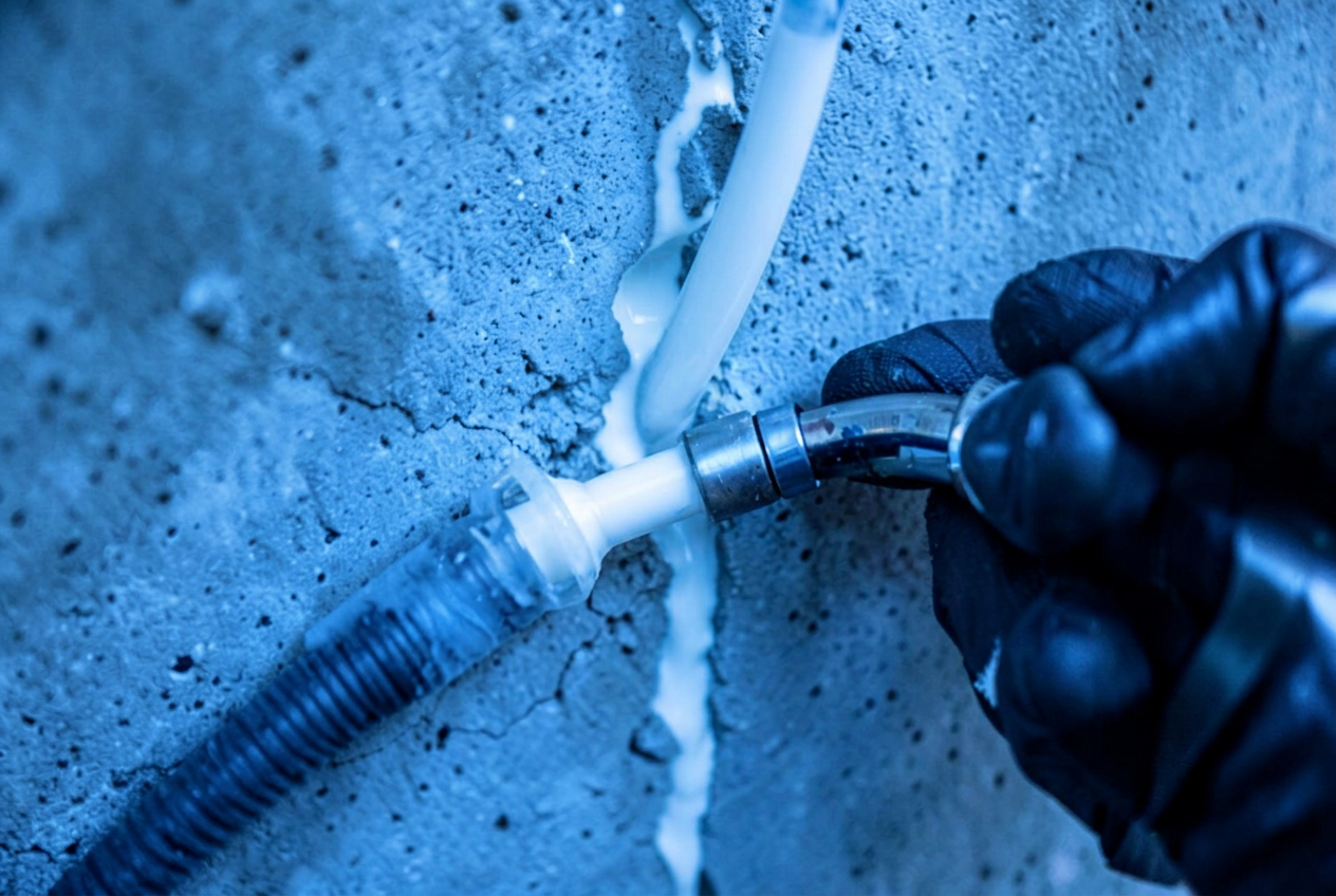 Controlled high-pressure injection into concrete wall crack showing white sealant entering the water pathway