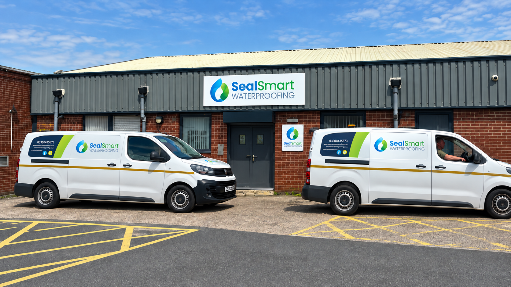 Seal Smart Waterproofing headquarters with prominent signage and two liveried mobile injection vans outside the Knowsley premises