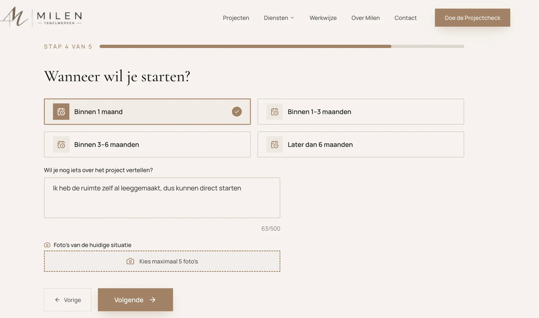 De Projectcheck van Milen Tegelzetter: de klant kiest een startmoment en stuurt foto's mee