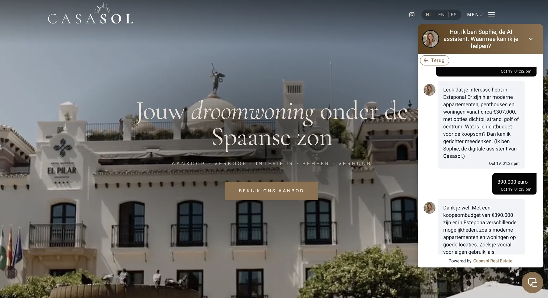 Sophie, de AI-assistent op de website van Casasol Real Estate, vraagt naar het budget