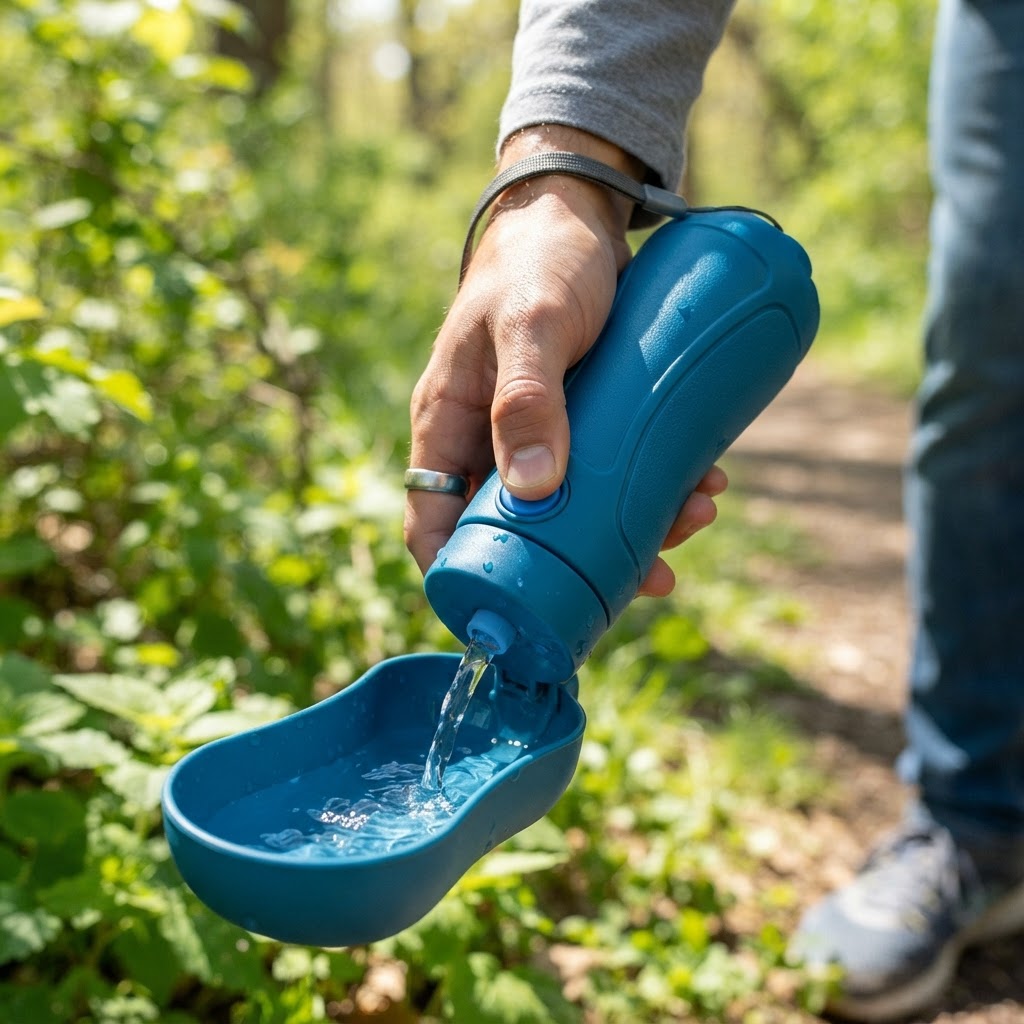 Hand pressing the one-button water release on a HydraPup bottle, water flowing into the drinking tray