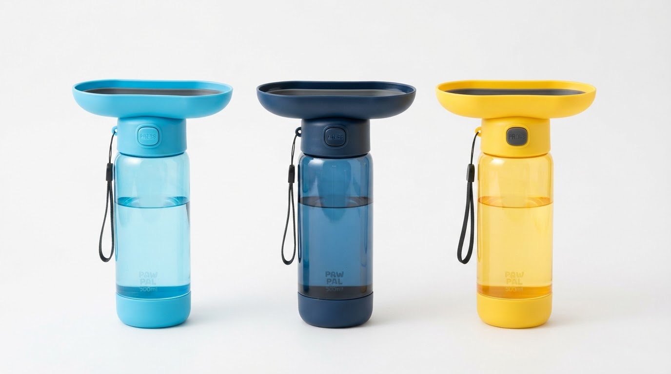 Three HydraPup portable dog water bottles in Sky Blue, Deep Blue, and Sunny Yellow