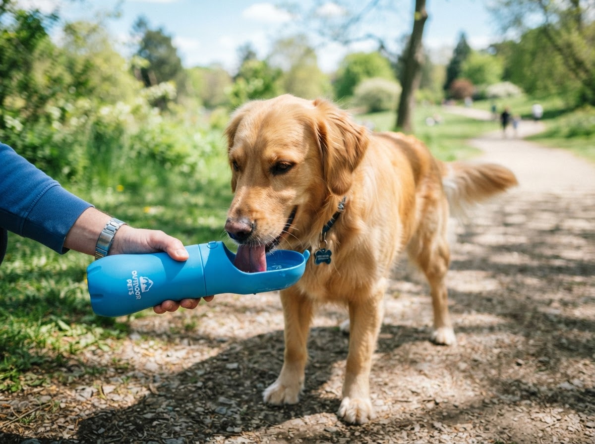 A happy dog drinking fresh water from a HydraPup portable water bottle outdoors on a sunny trail