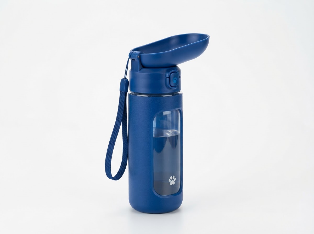 HydraPup portable dog water bottle in deep blue with built-in drinking tray and wrist strap