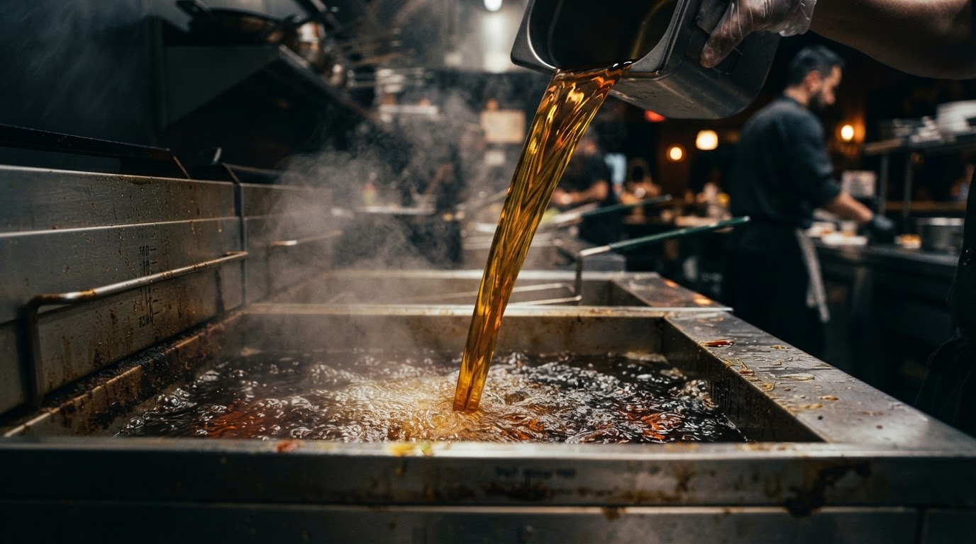 Oil pouring into a commercial fryer