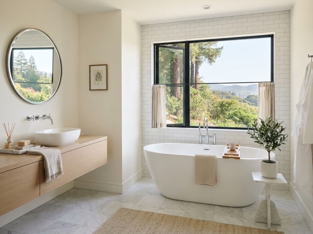 Spotless clean modern bathroom with white freestanding tub and natural light in a NorCal home