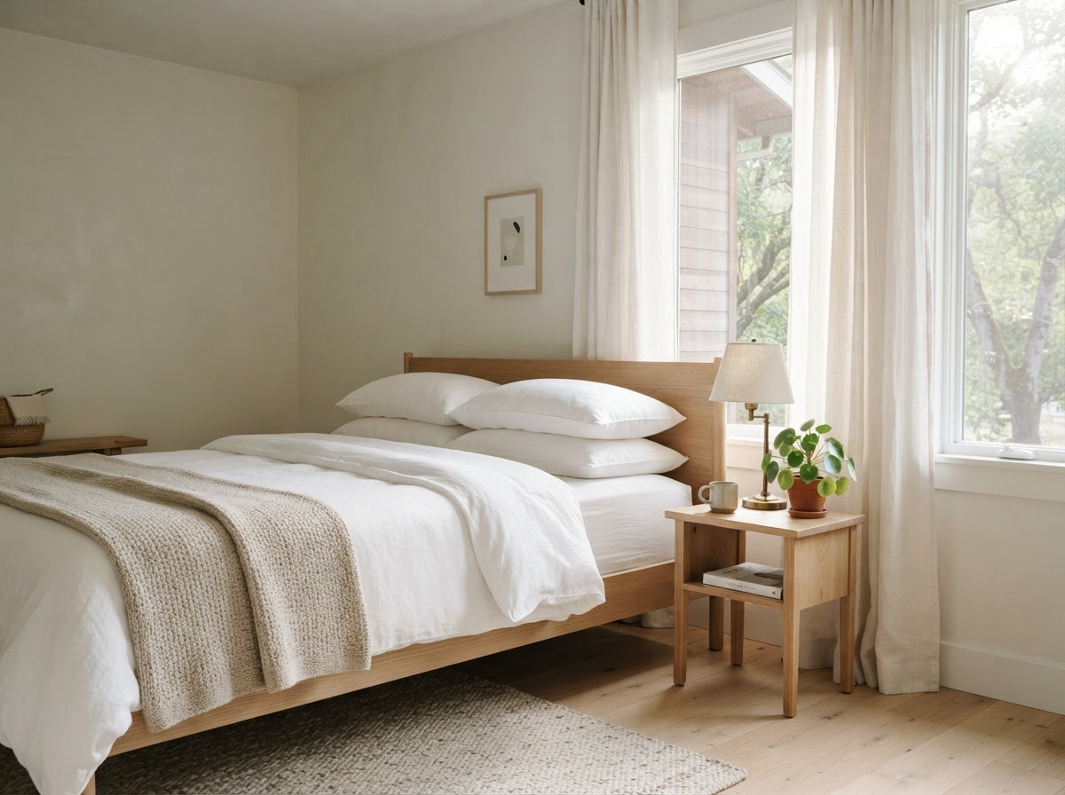 Pristine bedroom with freshly made white linens and soft morning light in a clean NorCal home