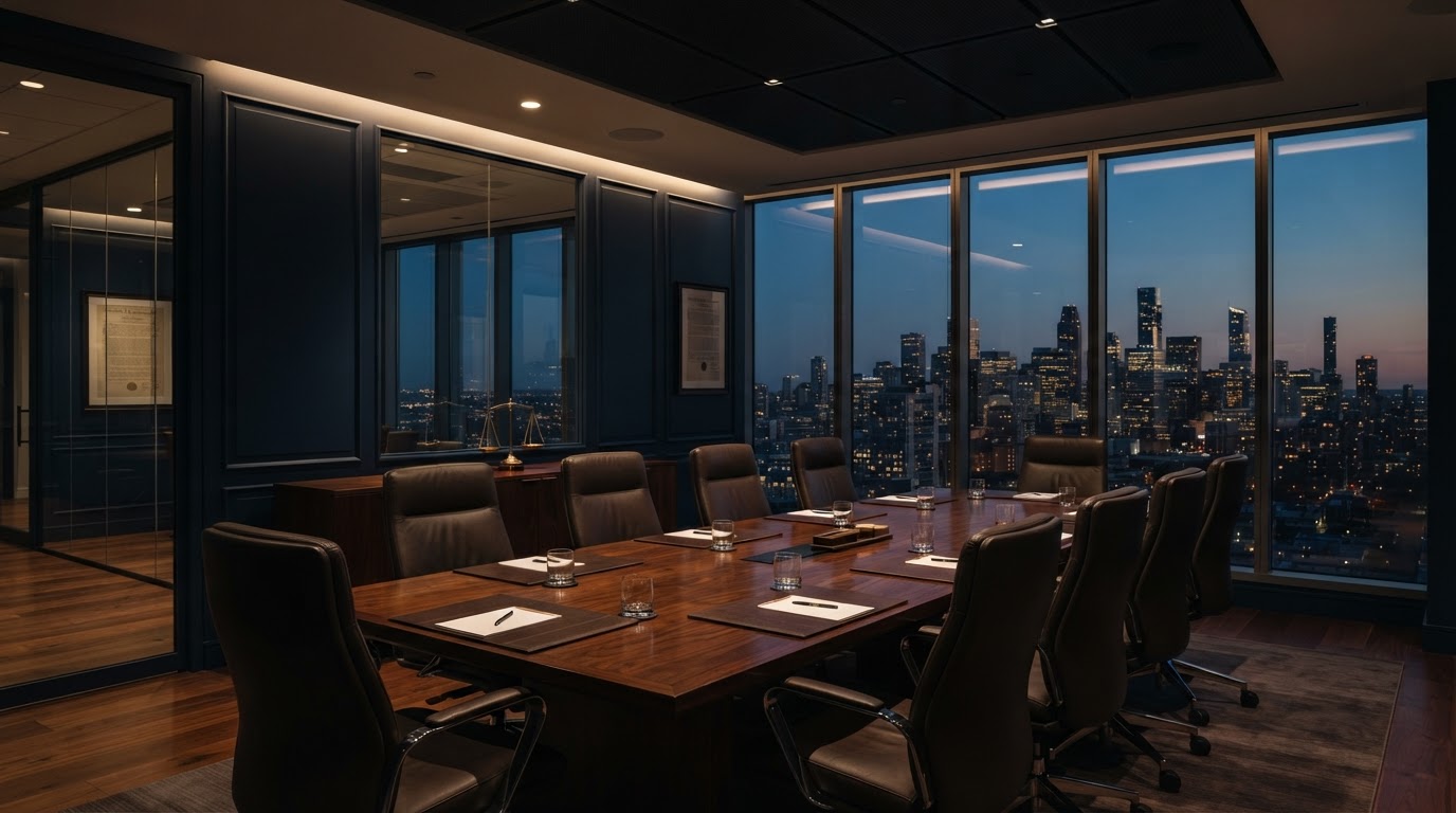 Law office conference room with city skyline at dusk