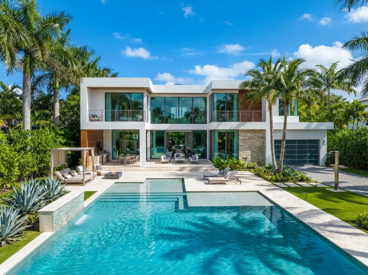 Modern luxury home in Miami, Florida with a pool and palm trees