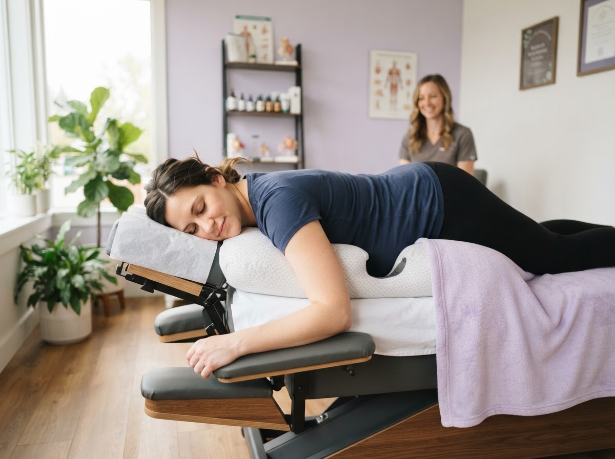 A pregnant patient resting comfortably on a chiropractic table with a pregnancy pillow