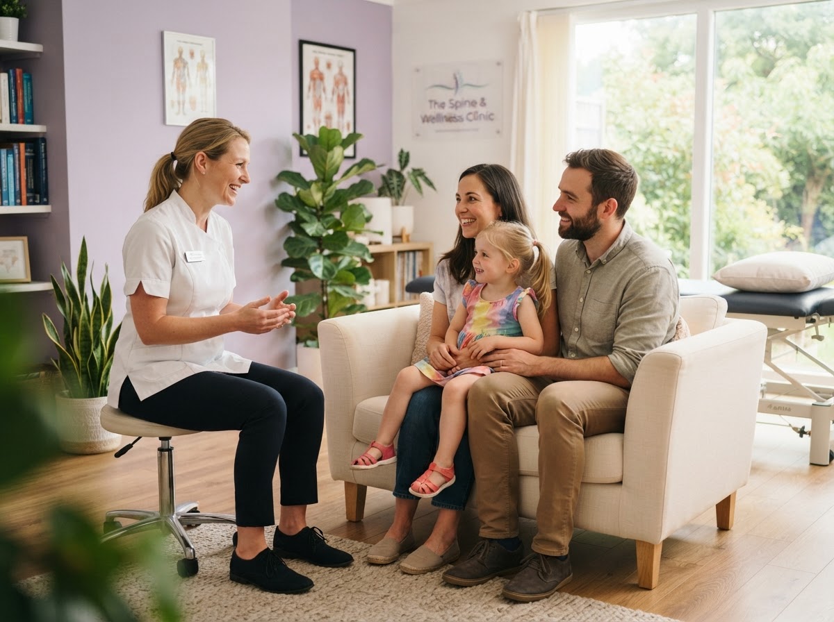 A friendly chiropractor speaking with a family in a bright modern clinic
