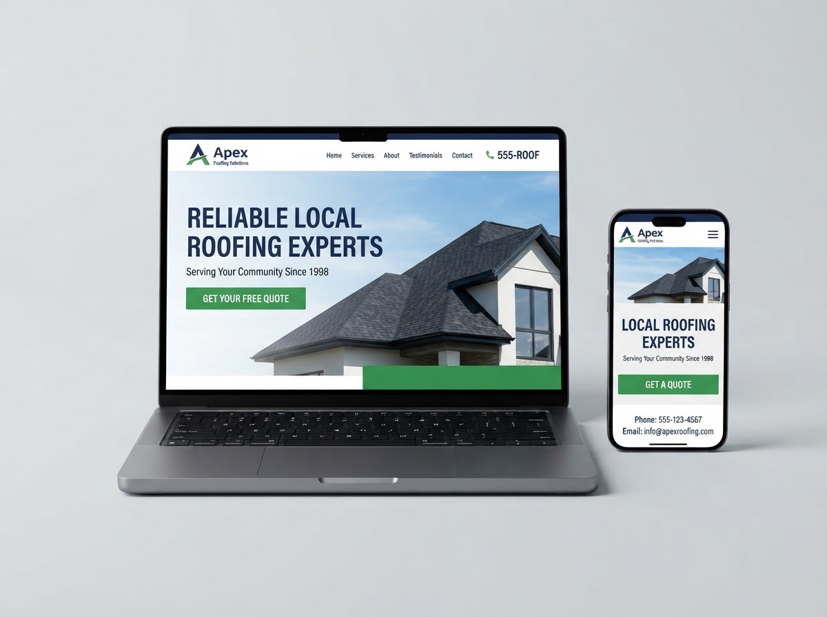 A local roofing business website shown on a phone and laptop, built by Ready to Grow