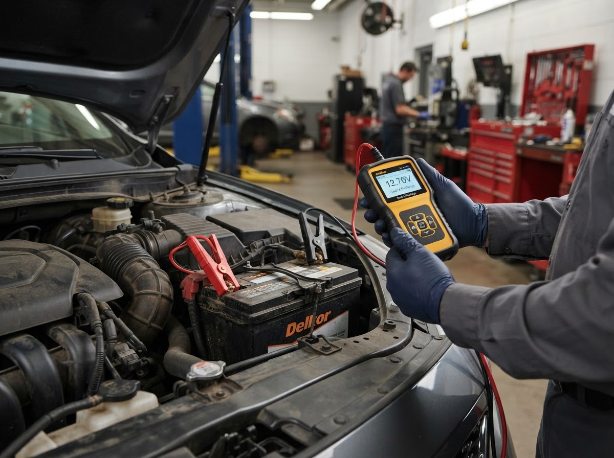 Gloved technician testing an installed automotive battery with a dedicated battery tester