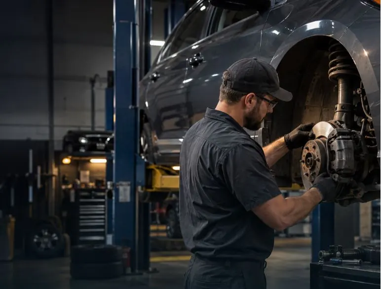 Auto technician servicing a vehicle brake rotor and caliper on a shop lift
