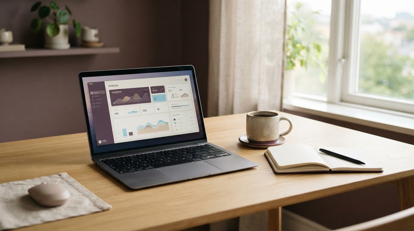 Calm workspace with a laptop showing a minimal analytics dashboard