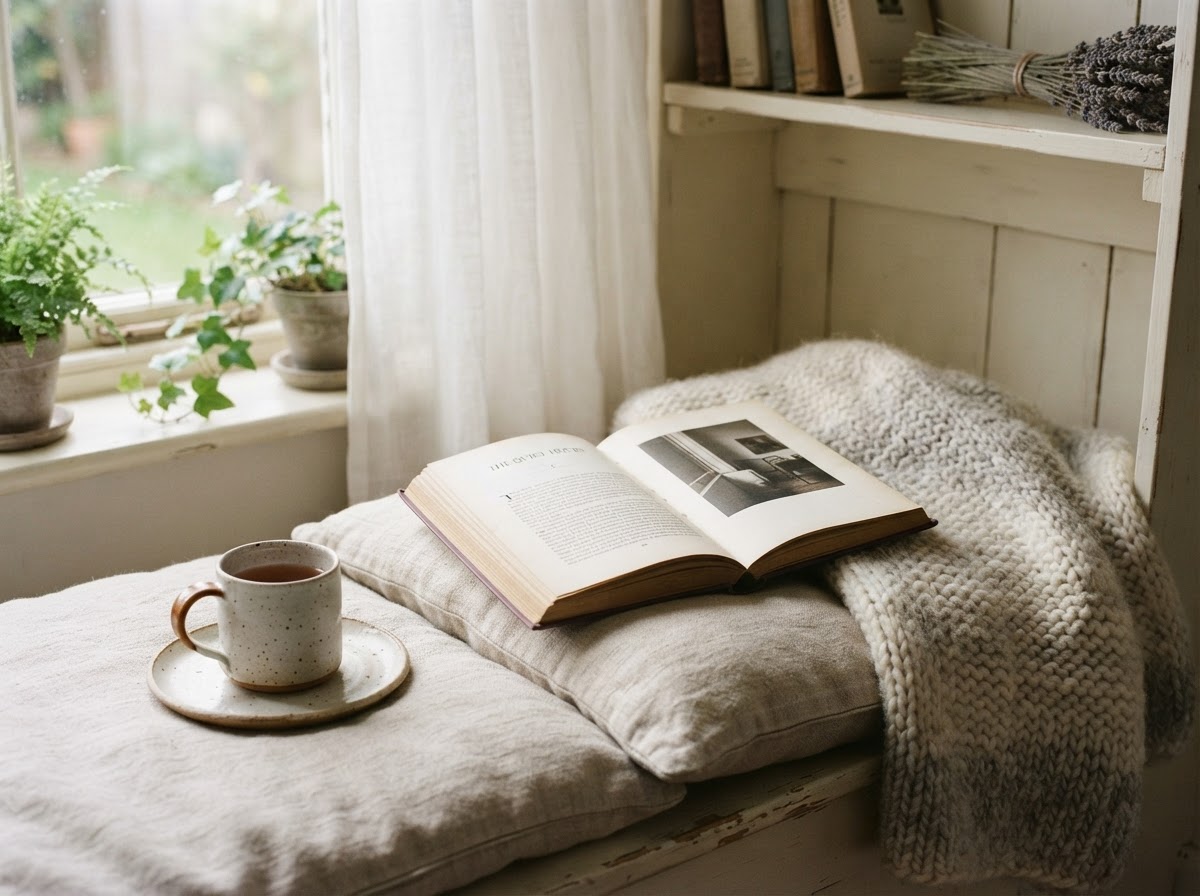 An open book in a cozy reading nook with soft natural light