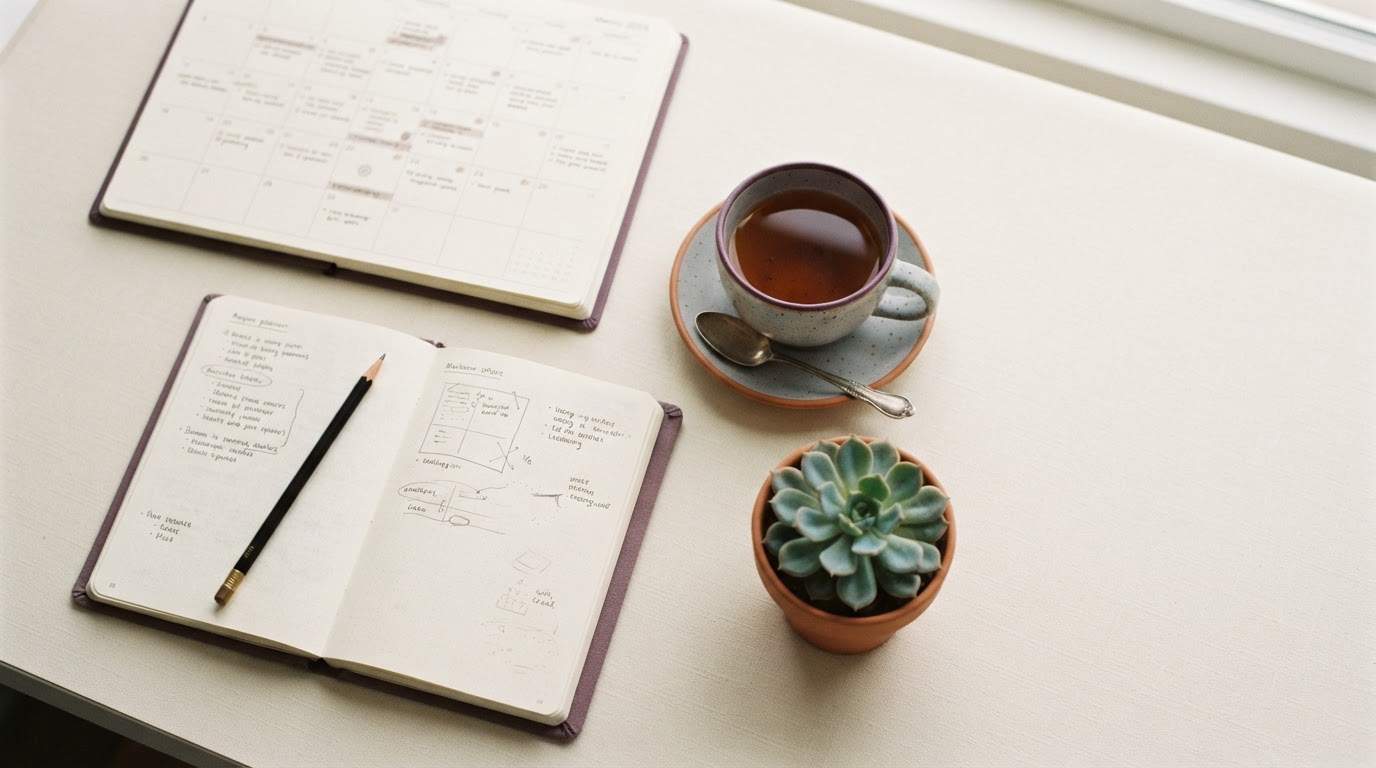 Calm desk flat lay with a paper calendar, notebook, and cup of tea