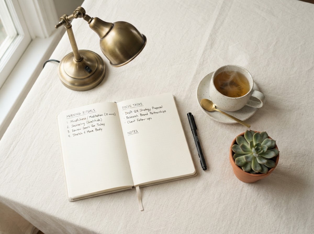 Calm workspace flat lay representing a planned launch with a clear scope and finish line