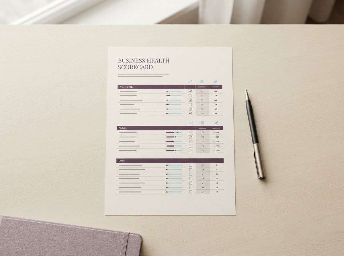 Mockup of the Founder Dependency Scorecard assessment worksheet on a calm desk