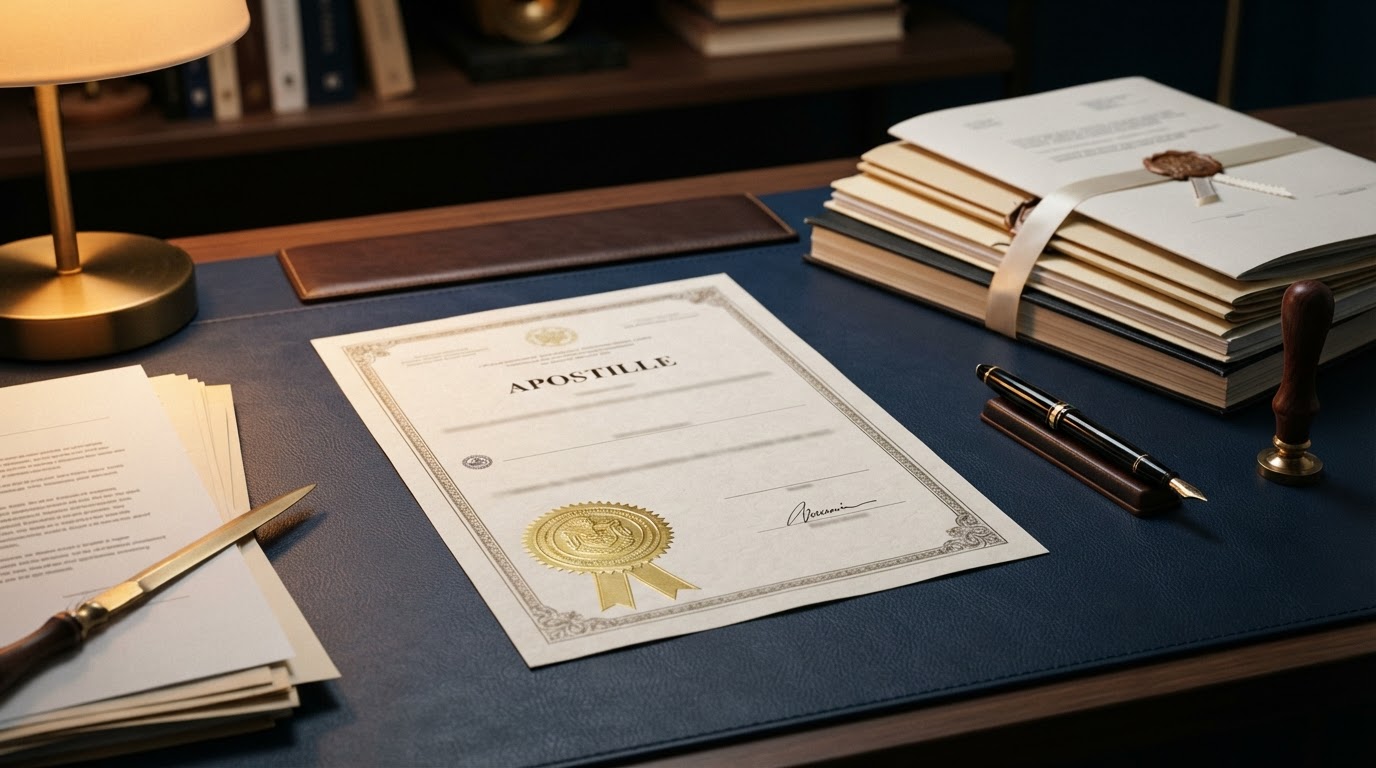 Professional notary reviewing and stamping documents at a desk