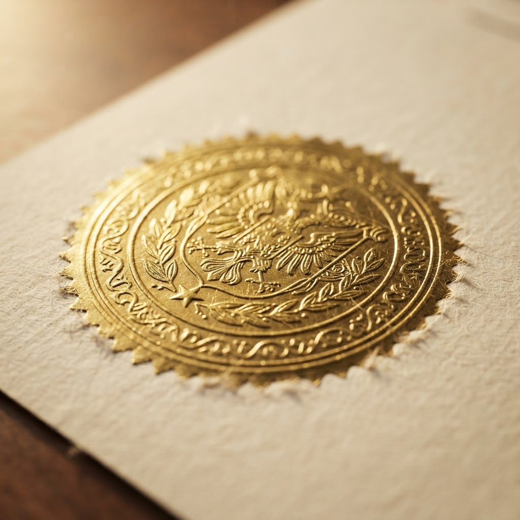 Close-up of a gold embossed seal stamped on parchment paper