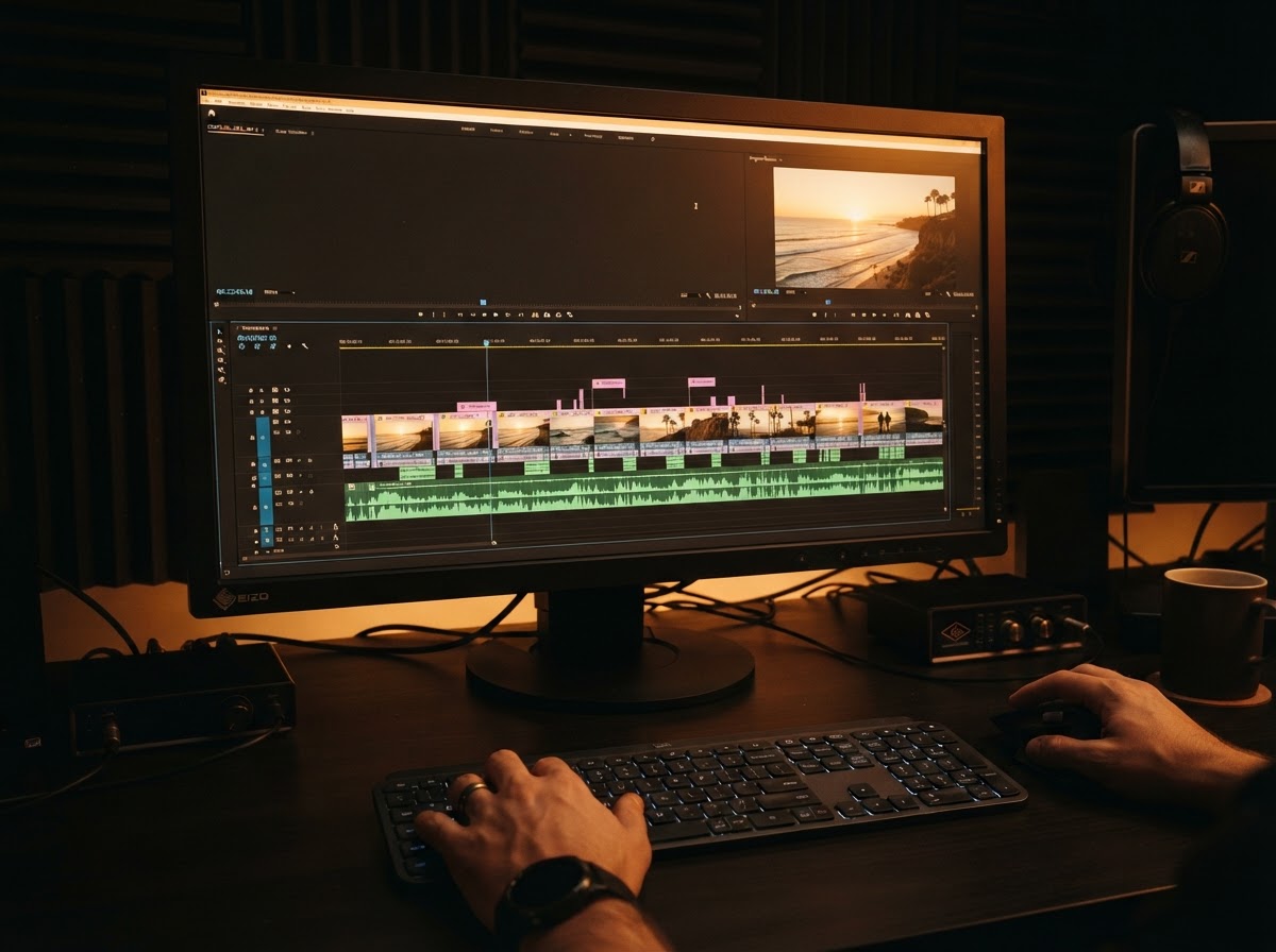 Video editor timeline with golden-hour coastal footage