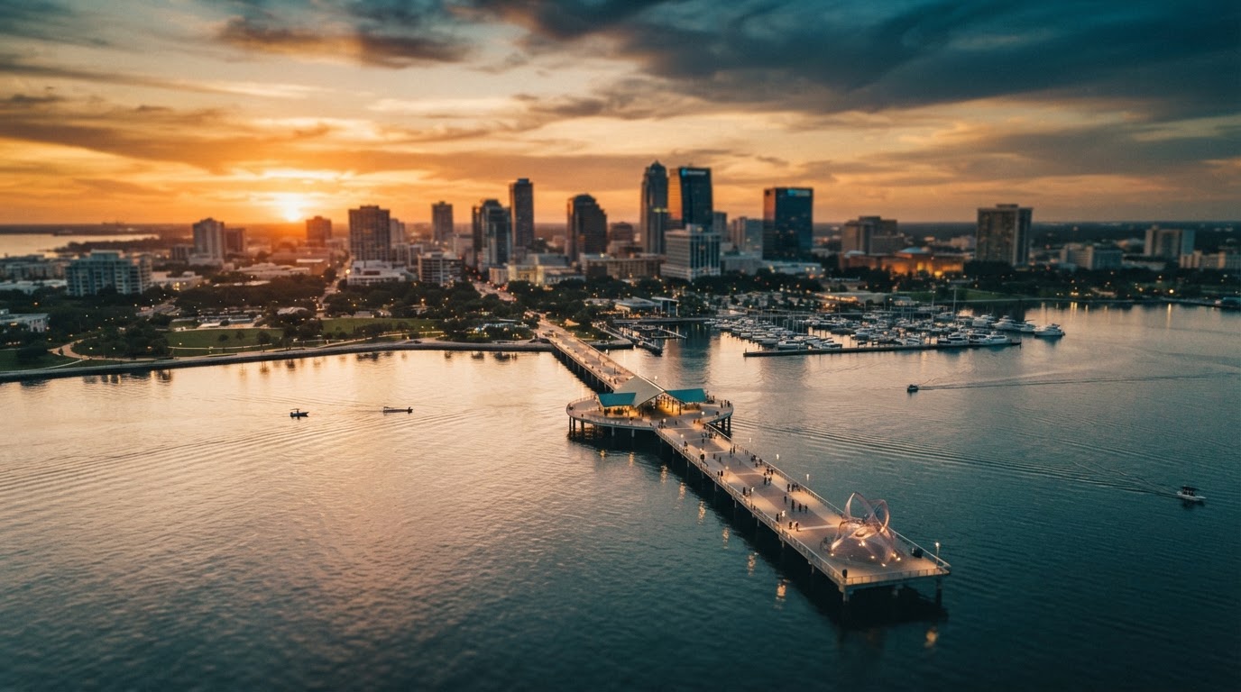 Cinematic golden-hour aerial of the St. Petersburg Florida waterfront