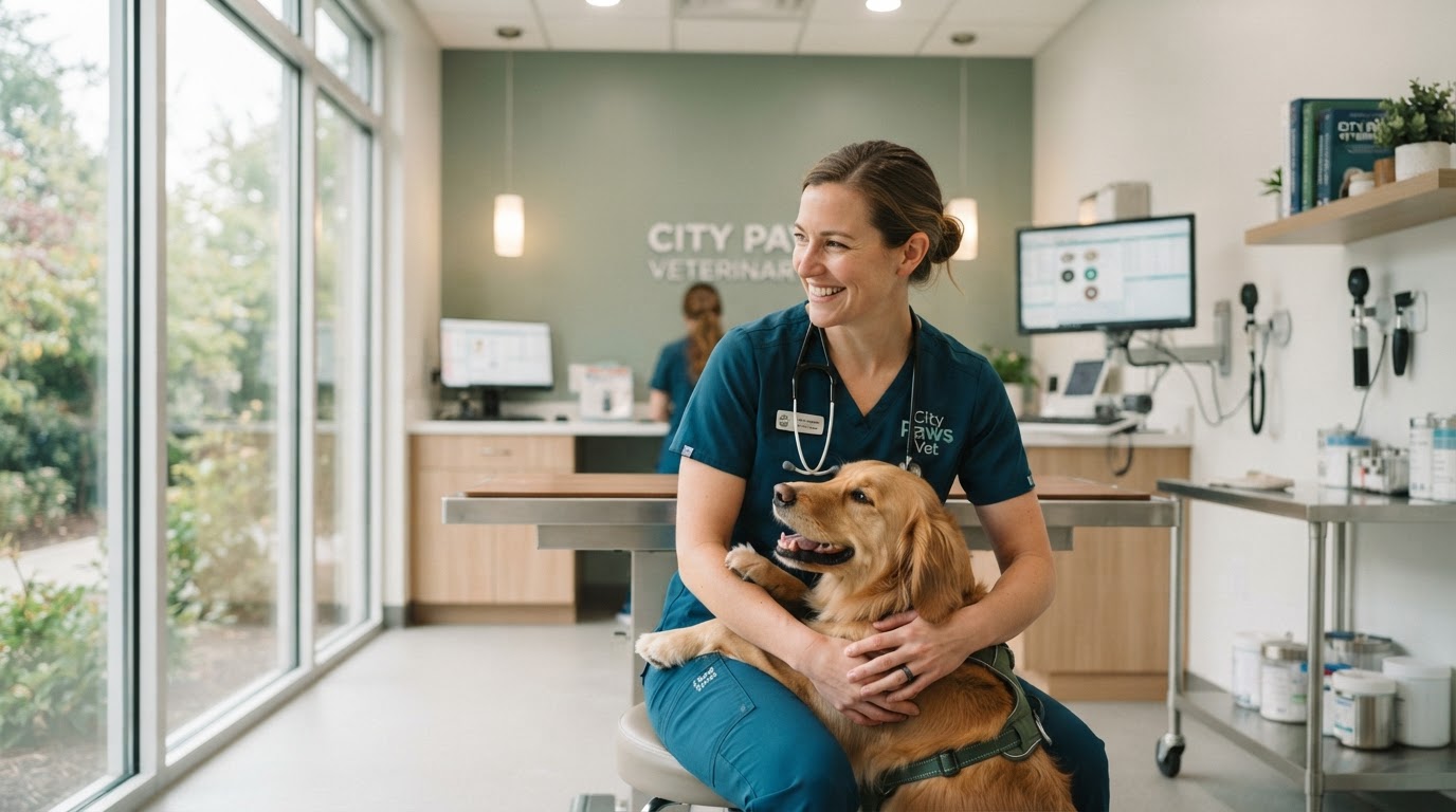 Veterinaria atendiendo a un perro en una clínica moderna y luminosa
