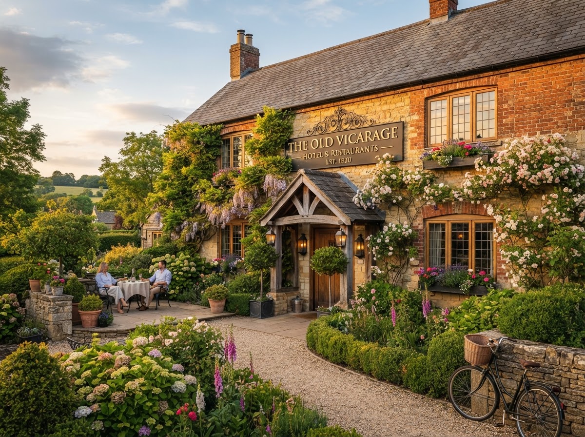 Charming boutique hotel exterior in warm golden hour light