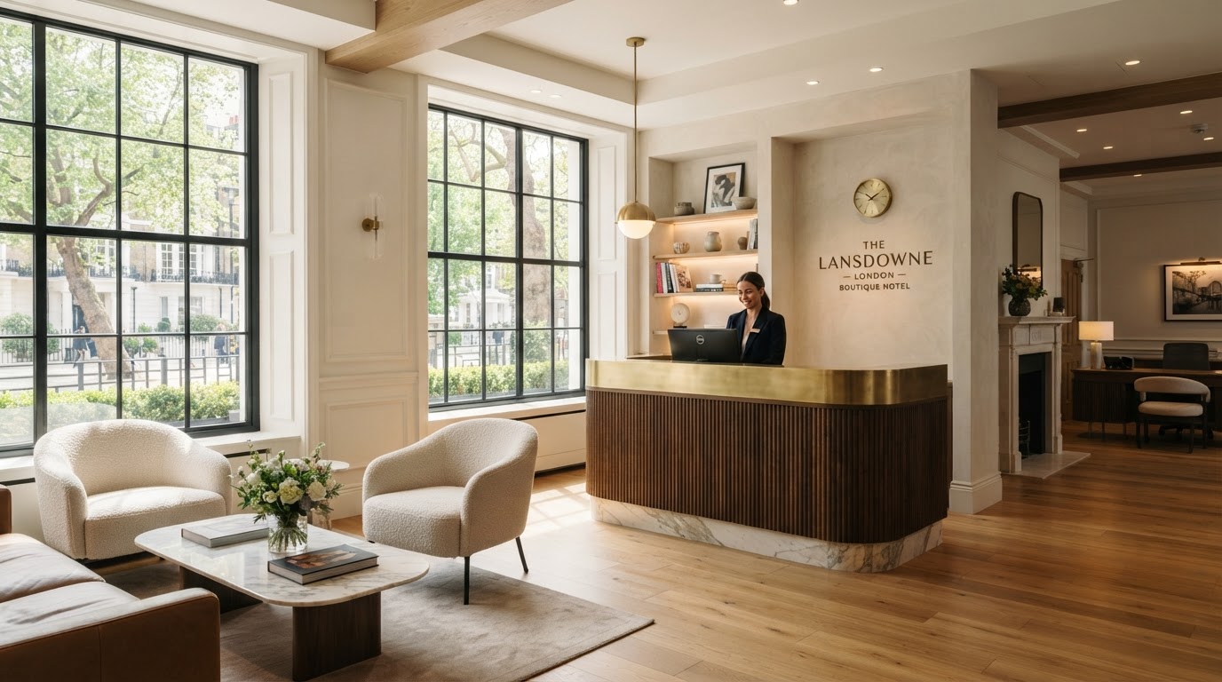 Modern UK hotel reception with warm natural light