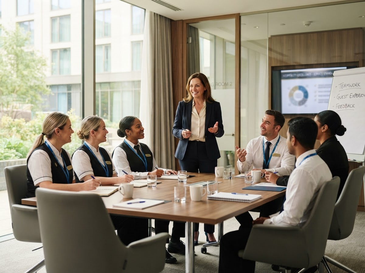 Hospitality team training session led by an experienced female trainer in a bright modern hotel meeting room