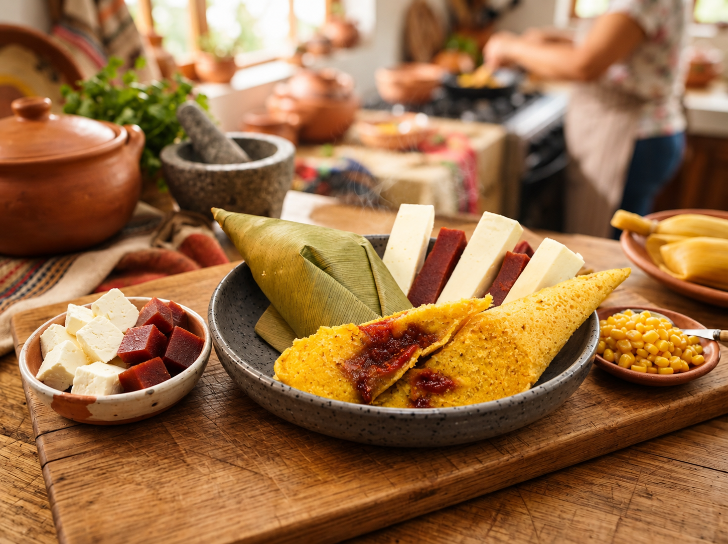 Envueltos de maíz tradicionales servidos con queso, bocadillo y maíz