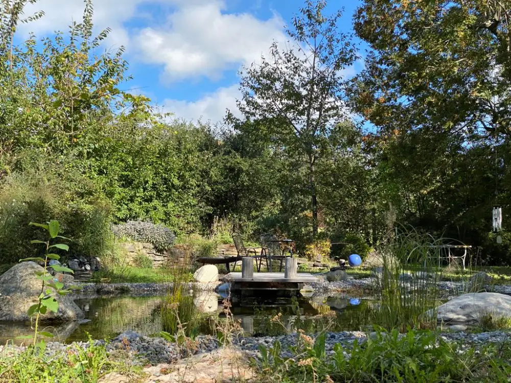 Idyllischer Gartenteich mit Holzsteg