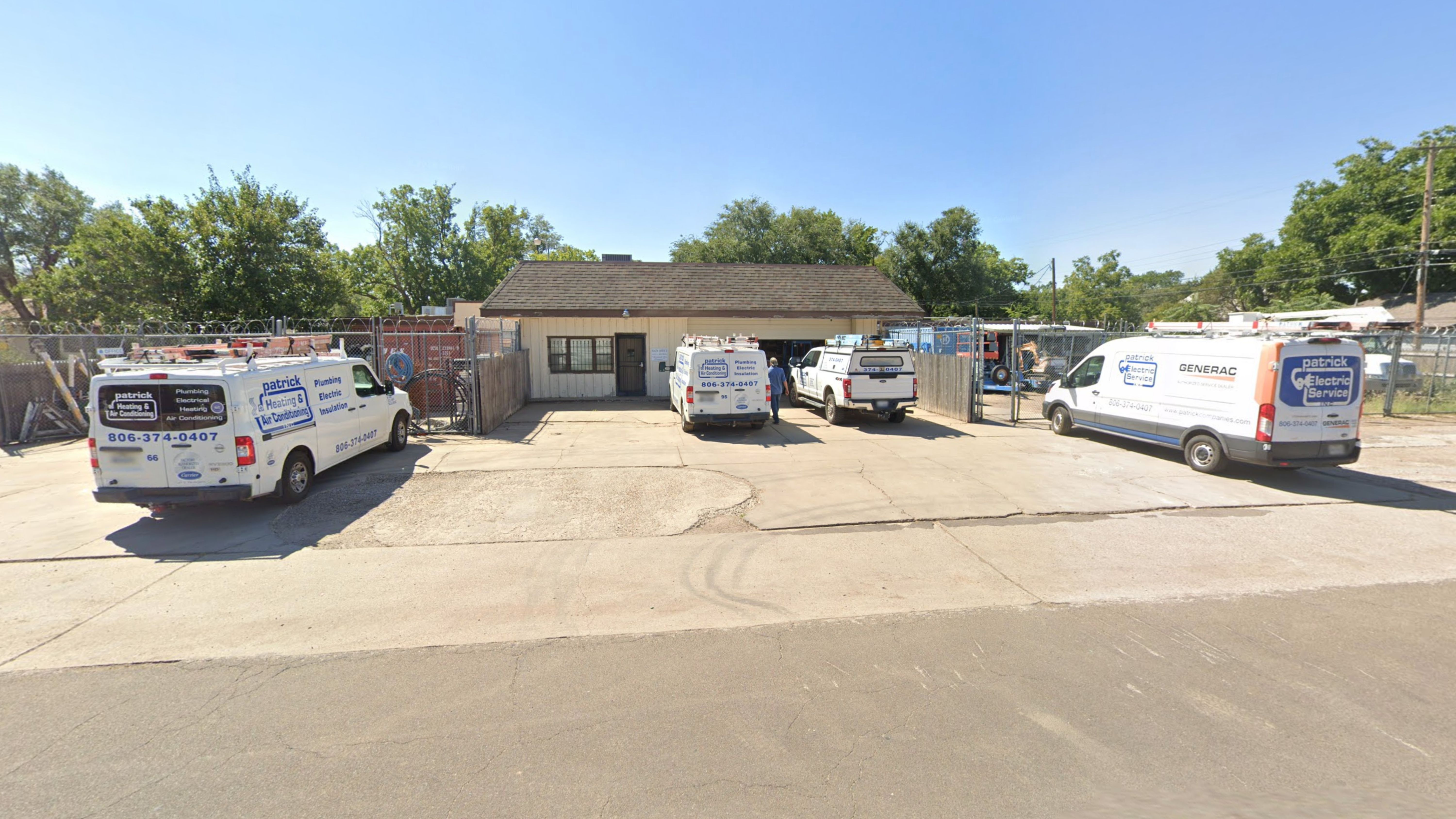 Patricks plumbing, electrical, and heating & air conditioning service vehicles at our Amarillo, TX facility