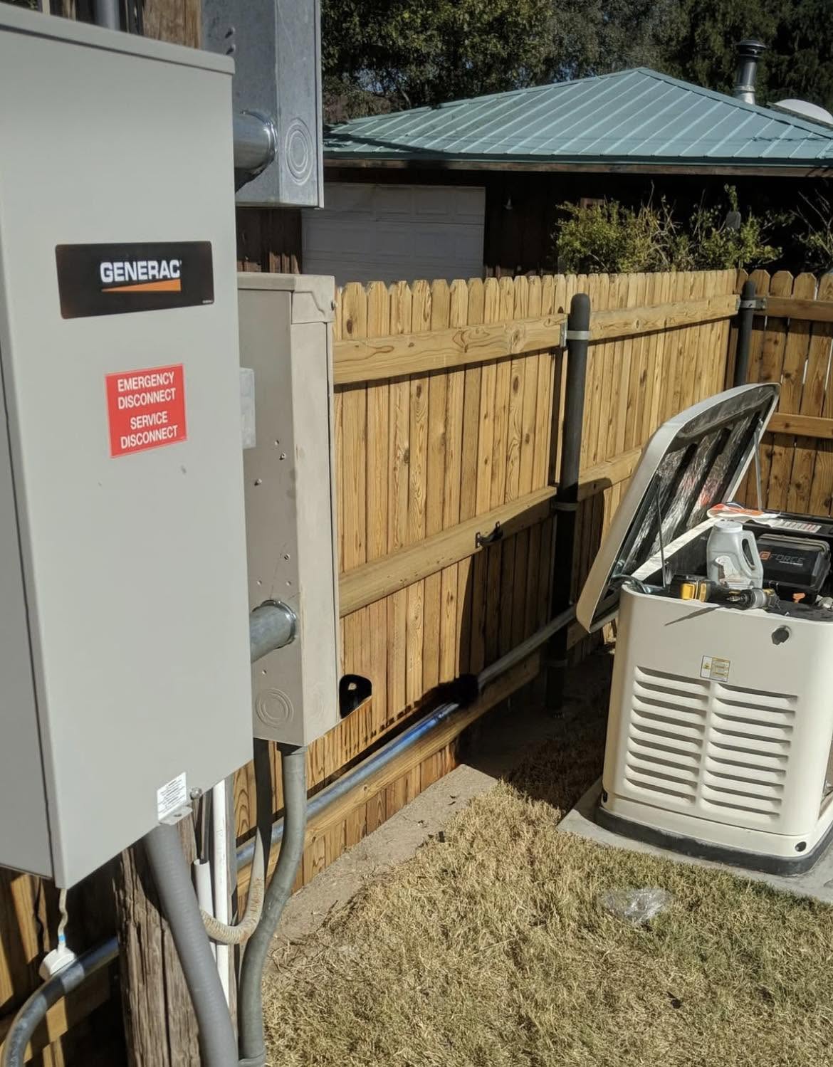 Generac backup generator installed along home exterior wall by Patrick Electric Service