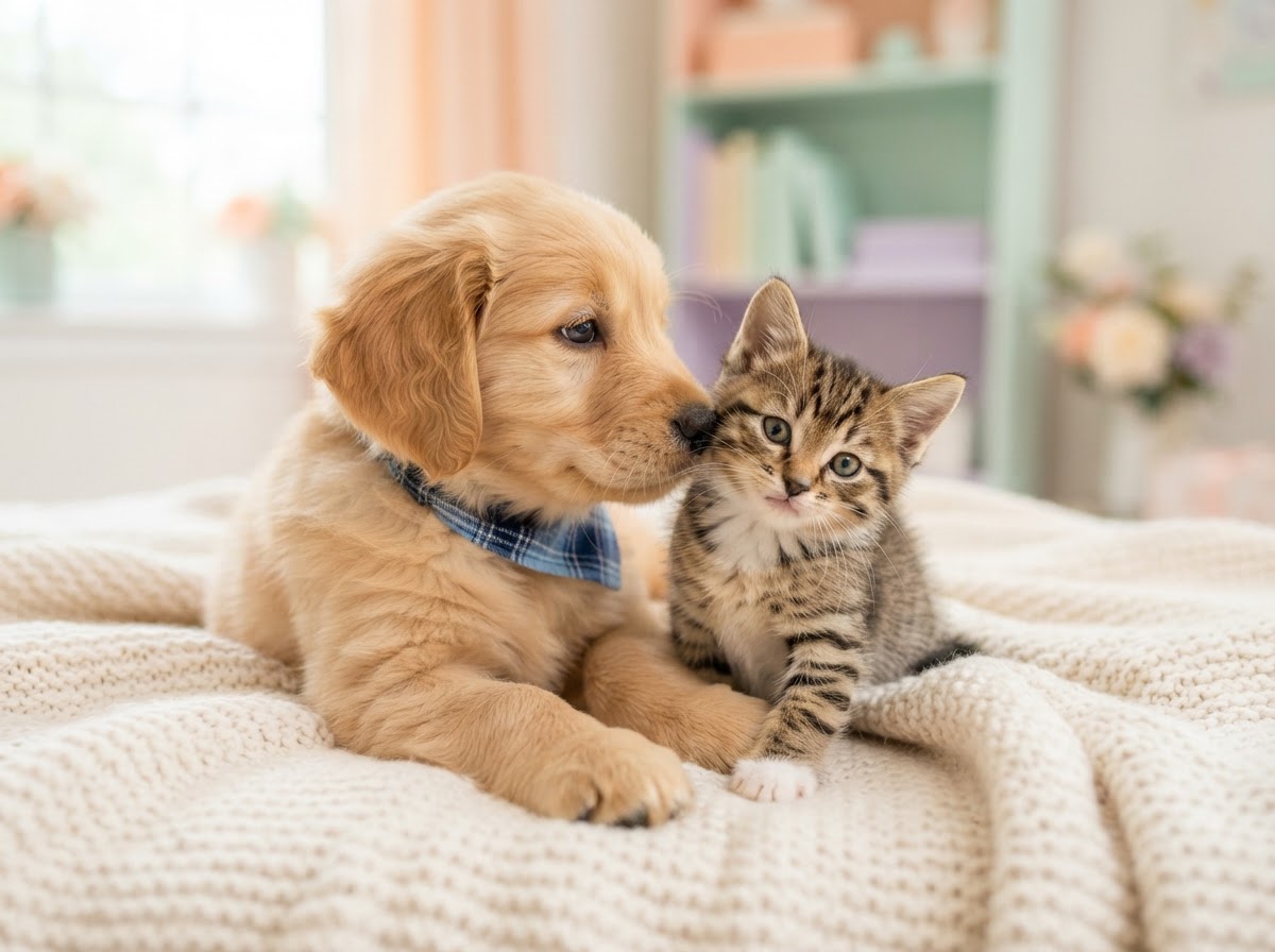 Adorable puppy and kitten sitting together on a soft blanket