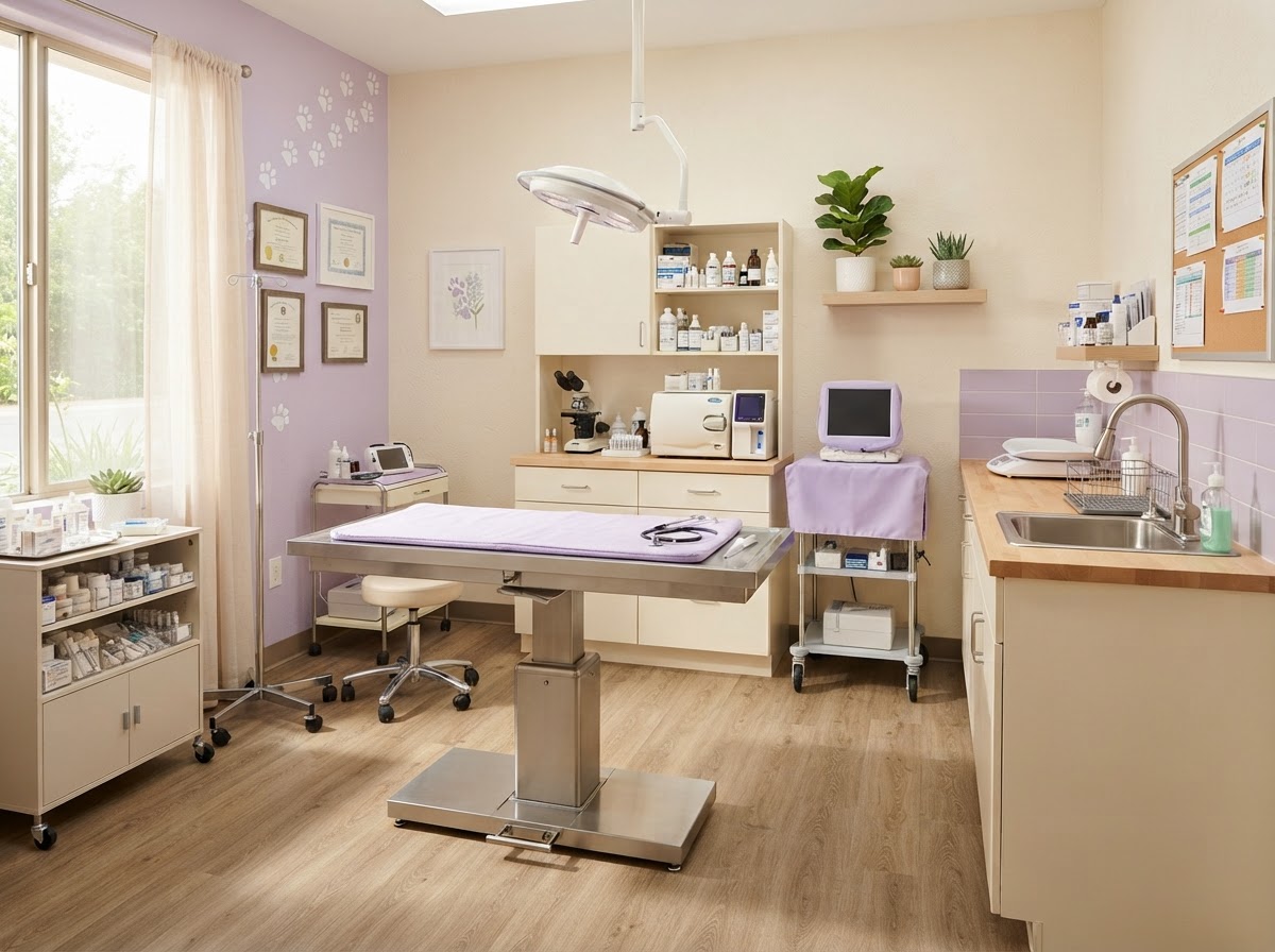 Clean, calm veterinary treatment room prepared for recovery